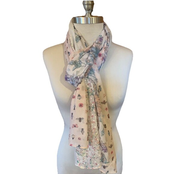 Betsey Johnson Pink Sparkle Ladybug Scarf Wrap 29”x74” Mixed Print Whimsical Bee - Picture 1 of 12